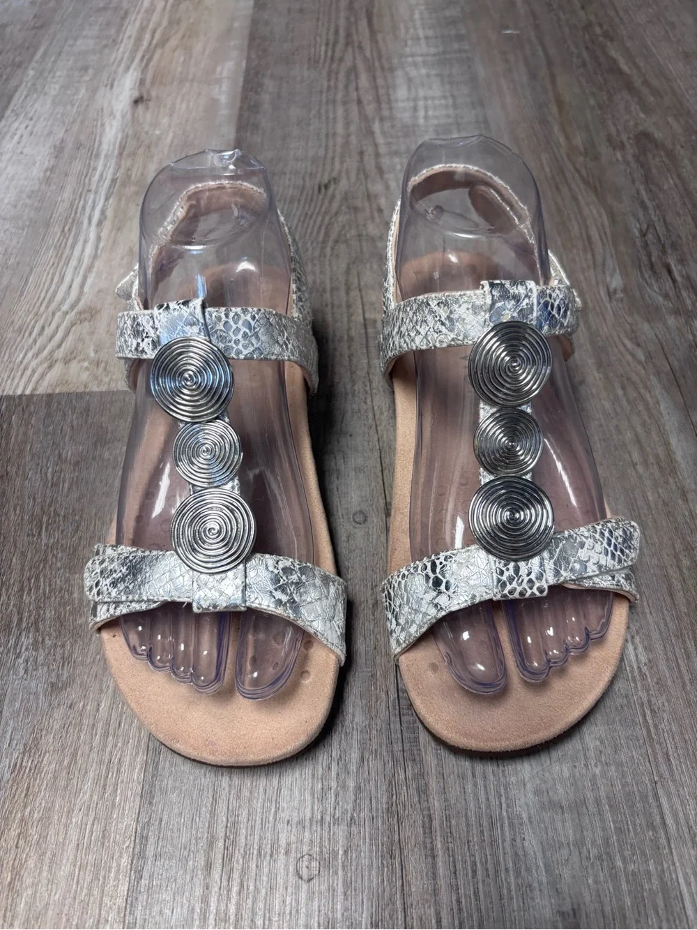 Vionic Farrah Metallic Snake Print T-Strap Sandals with Silver Spiral Accents